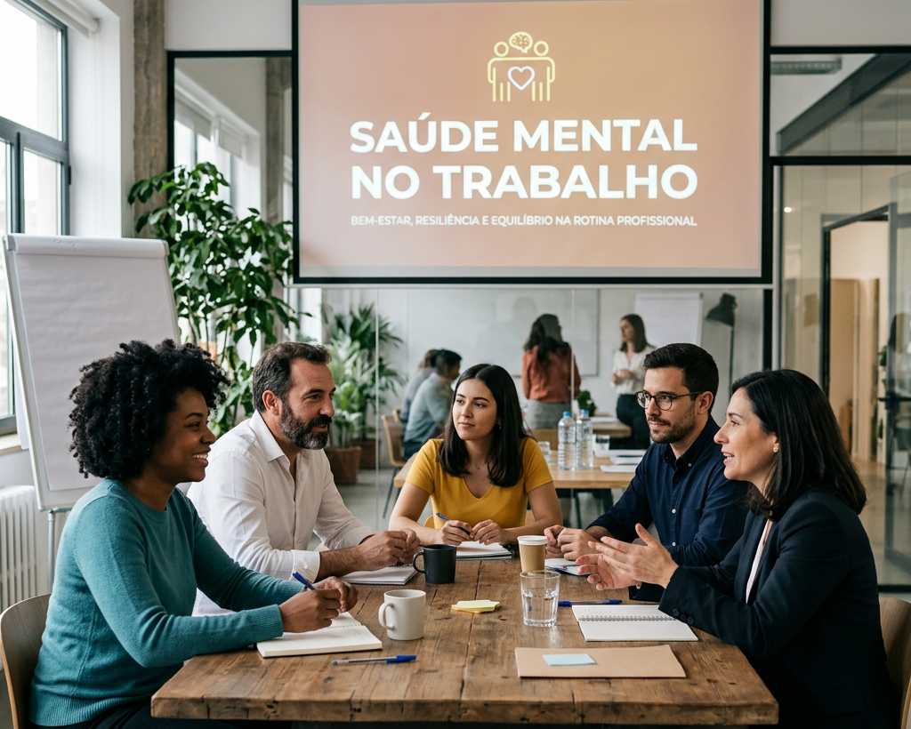 Five colleagues sitting around a table discussing workplace mental health in a modern office
